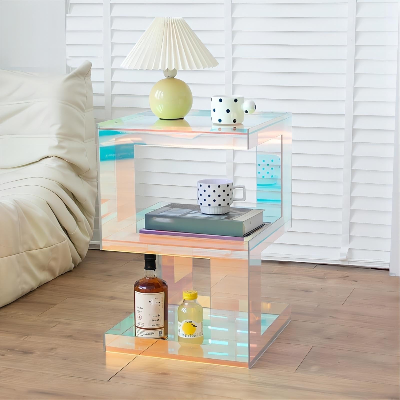 SXZenSpace 3-Tier Clear Acrylic Side Table Small Nightstand Coffee with Storage for Living Rooms & Spaces Solid Construction(Burst)