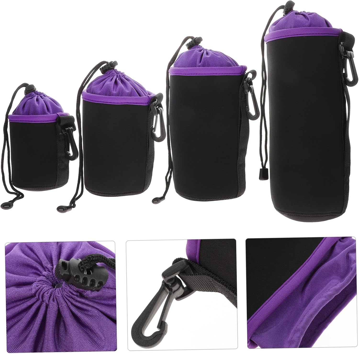 NOLITOY 4pcs Camera Lens Pouch with Drawstring Thickened Fleece Lining Elastic Protective Storage Bags for DSLR and Mirrorless Lenses in Purple Multiple