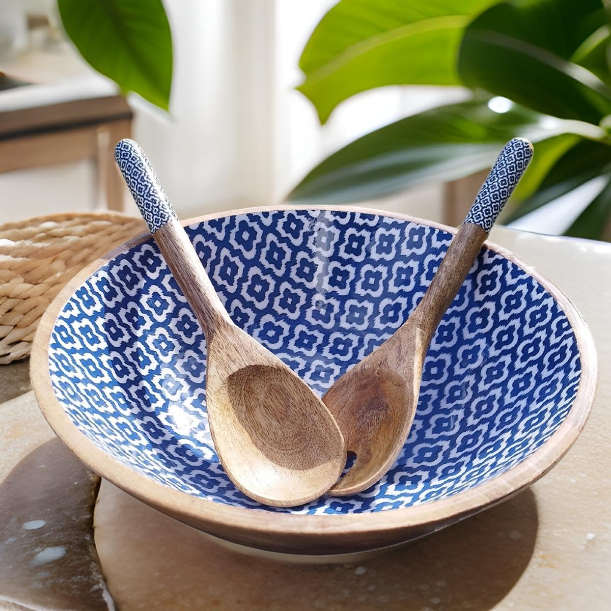 Hartsmede Wooden Salad Bowl 10" with Spoons – Handmade Mango Wood Serving Set, Food-Safe Enamel Interior, Rustic Fruit Dish for Salad Pasta Snacks, Sustainable Kitchen Gift (Sambhal)