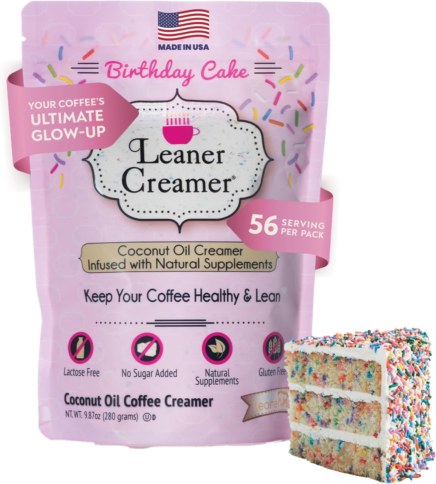 Coconut Creamer with Superfood Ingredients – Non-Dairy, Sugar-Free, Keto, Gluten-Free Powdered Coffee Creamer – Birthday Cake – 280g