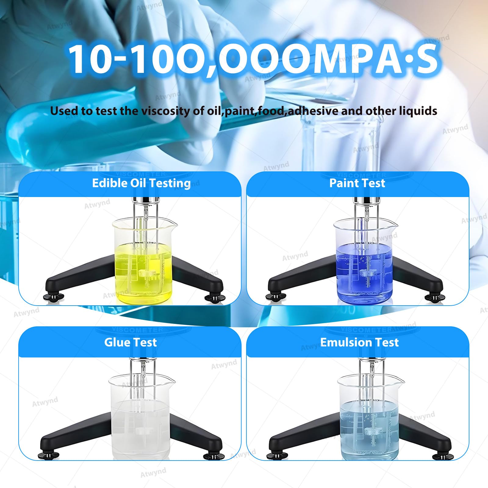 Viscosímetro Rotativo Portátil con 4 Husillos para Pinturas y Aceites; Rango 10-100.000 Mpa·S, Precisión ±5%, Apto para Líquidos Newtonianos y Uso en Laboratorio