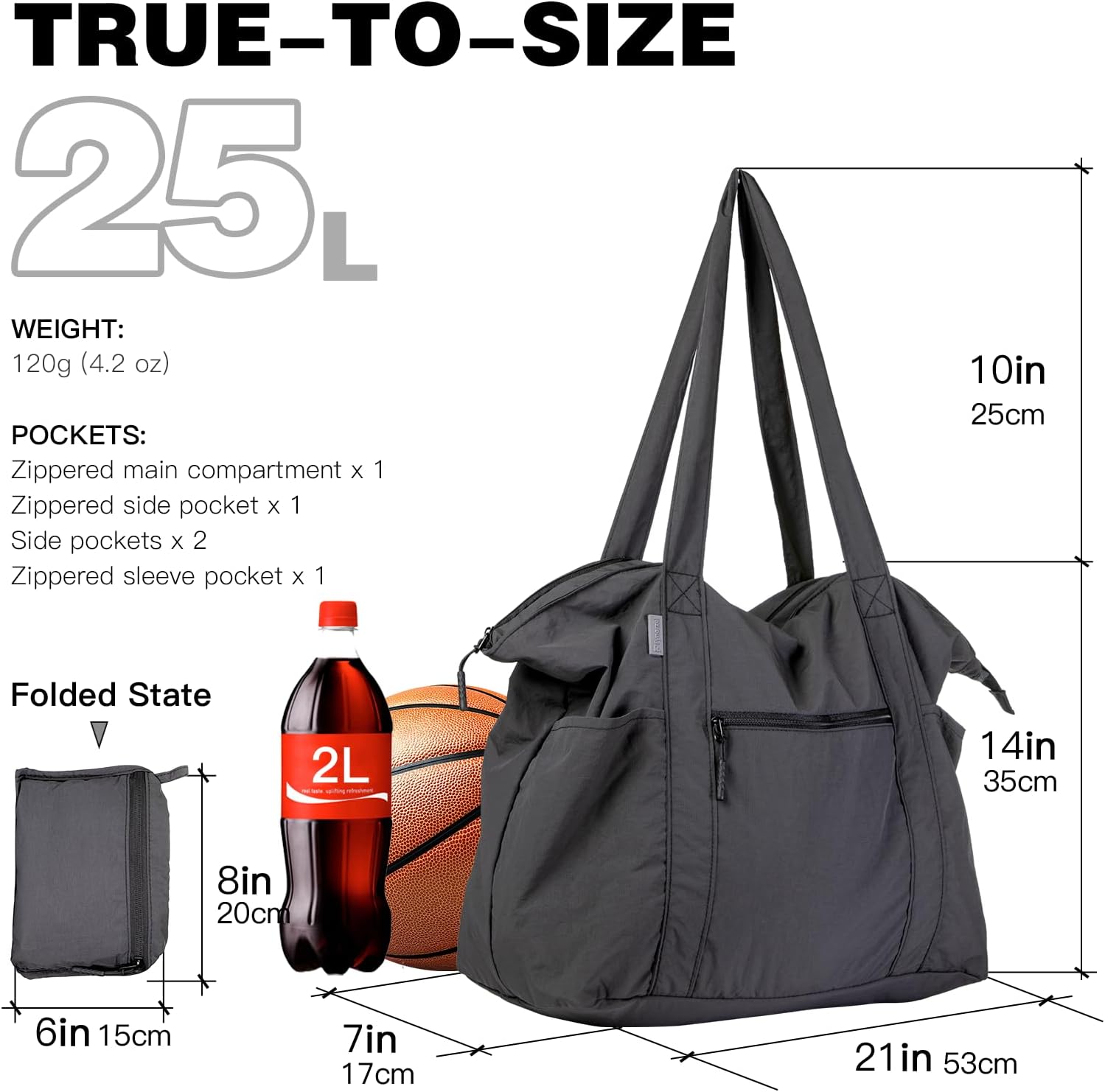 Ultra Light Packable Tote Bag Nylon for Travel, Lightweight Polyester Foldable Totes with Zipper, 25L Collapsible Compact Dark Grey, Gifts for Christmas - Image 4