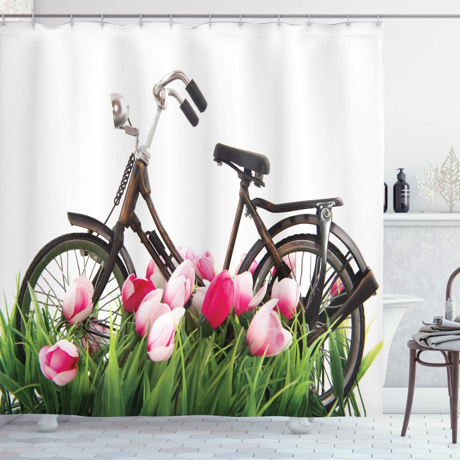 Ambesonne Vintage Shower Curtain, Vintage Bicycle Standing Colorful Tulips Outdoor Fun Enjoy The Life Theme Photo, Cloth Fabric Bathroom Decor Set with Hooks, 69" W x 70" L, Pink Green