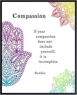 Compassion Buddha Quote - Inspirational Zen Wall Art Decor - 8x10 Buddhism Poster Print for Spa Decoration, Yoga, Meditation Room - Namaste Buddhist Gift - Hamsa Hand of Fatima, Mandala, Lotus, Om