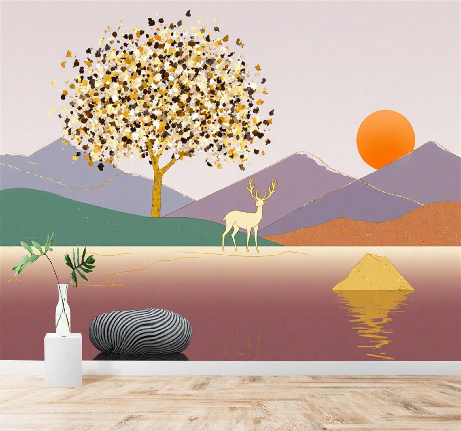 XLMING Sunset Lakeside Golden Trees Deer Colourful Mountains 3D Wallpaper Premium Textured Silk Study Dining Living Room Bedroom Sofa TV Wall Easy Install-430cm×300cm