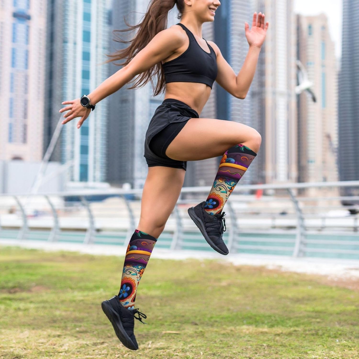 Floral Skull Print Compression Running Socks For Men And Women Athletic Socks For Everyday Use Socks