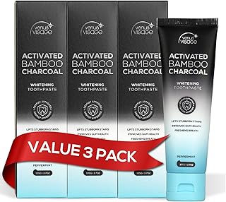 Venus Visage Activated Charcoal Toothpaste for Whitening, 3 Pack - Effective Teeth Whitening Toothpaste for Surface Stains - Peppermint Flavor (3.7 oz/105 g)