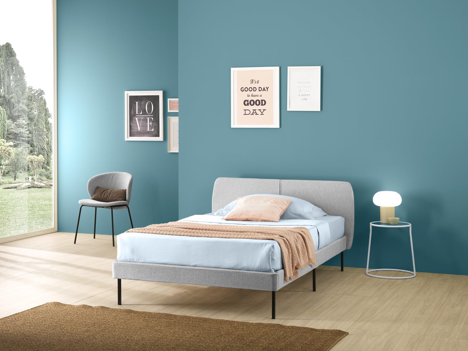 EVERGREENWEB Letto Piazza e mezzo in doghe in legno e testata quadrata stondata| facile da montare, Letto di Design | Colore Grigio Chiaro |Mod. Tokio