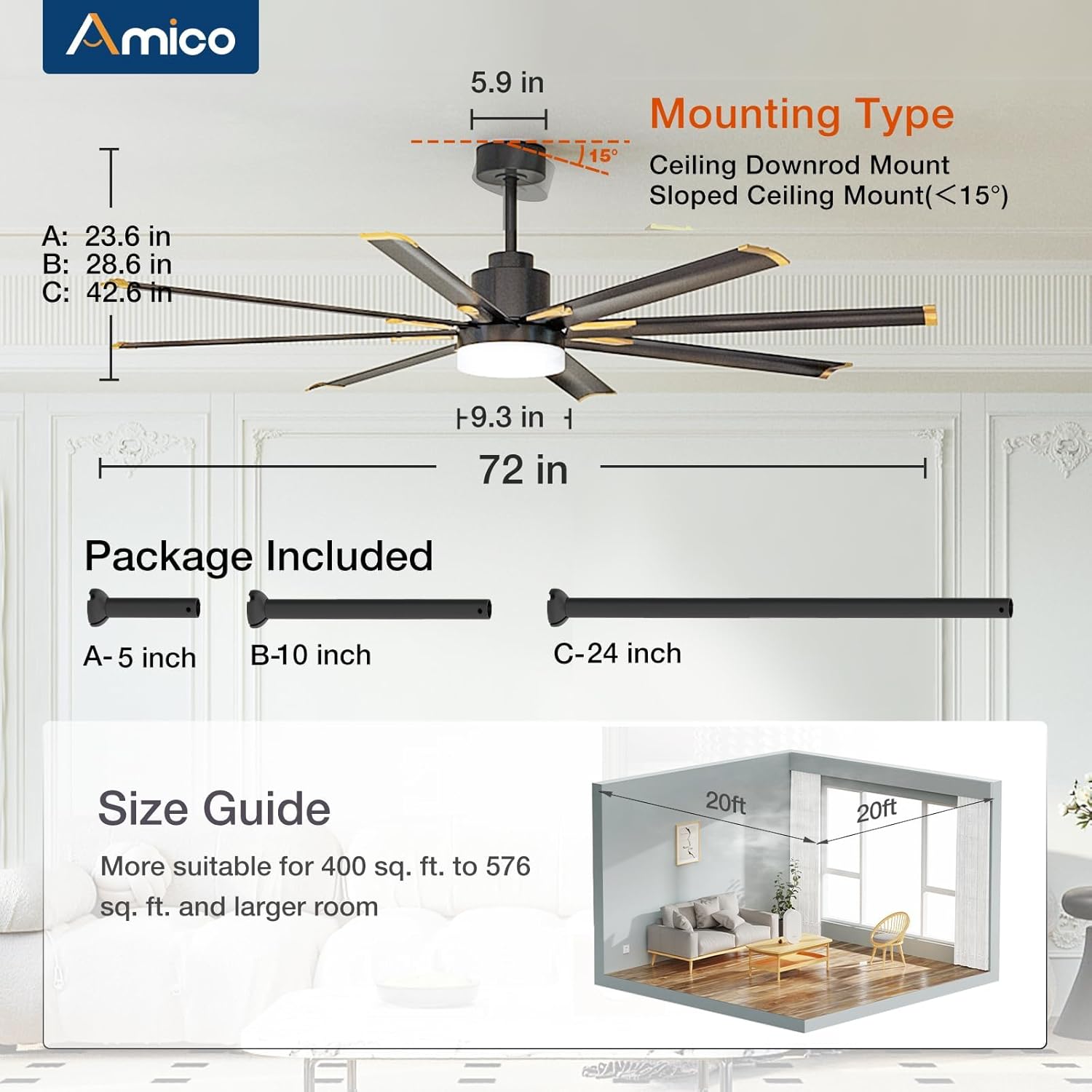 Amico 72 Inch Aluminum Ceiling Fans with Lights, Large Industrial Ceiling Fan with Remote Control, Reversible, 8 Blades, 3CCT, Dimmable, Damp Rated Black Ceiling Fan for Bedroom Patio Indoor/Outdoor