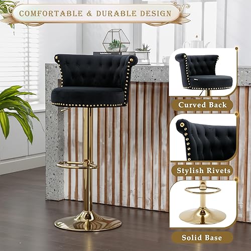 Miniatura 3 de Juego de 2 taburetes de bar de terciopelo con altura de mostrador, taburetes de bar giratorios con respaldo y reposapiés, modernas sillas de bar