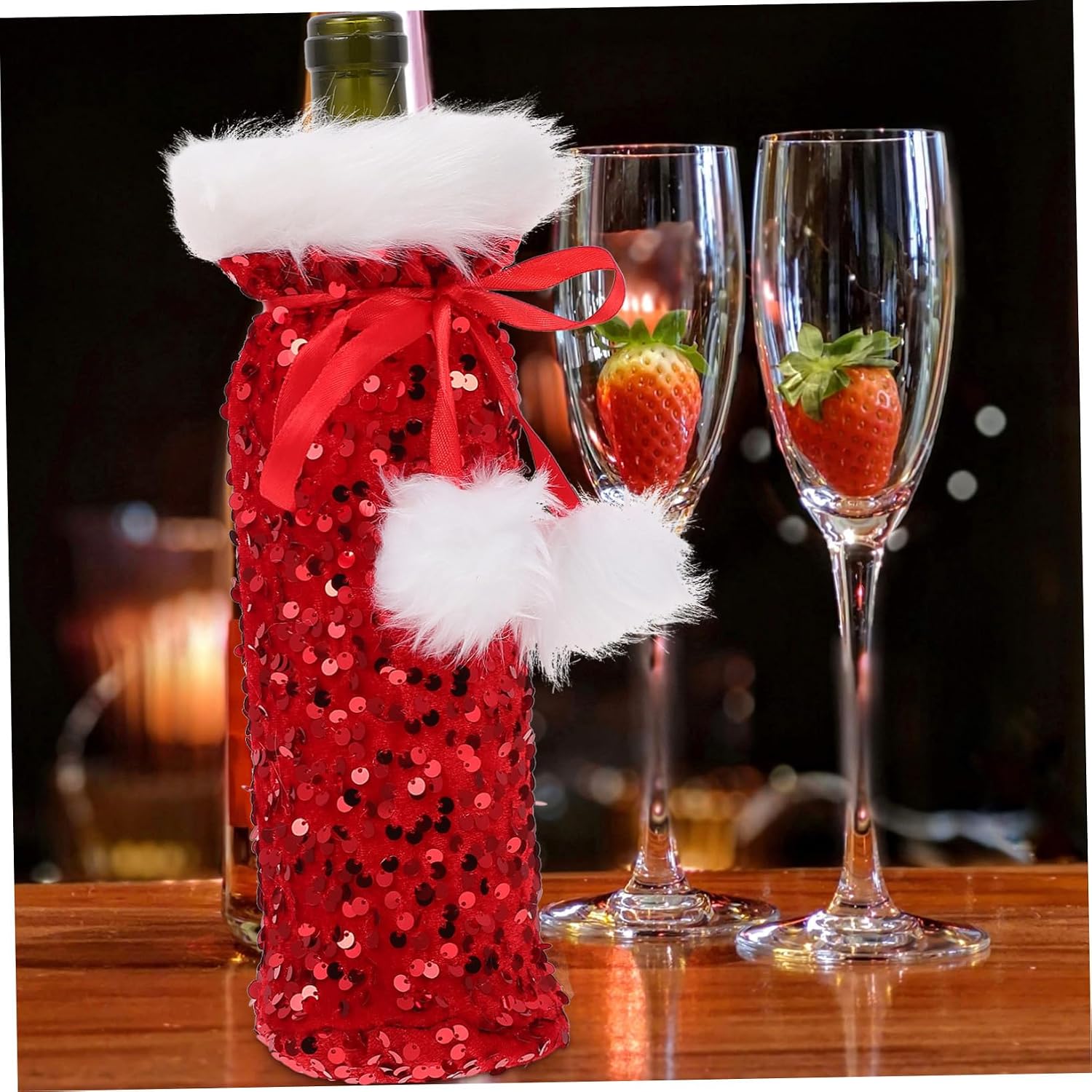 GANAZONO Wine Holiday Plush Cover with Christmas Bag Red Bottle Drawstring Festive Decoration for Coffee Shop and Restaurant Use