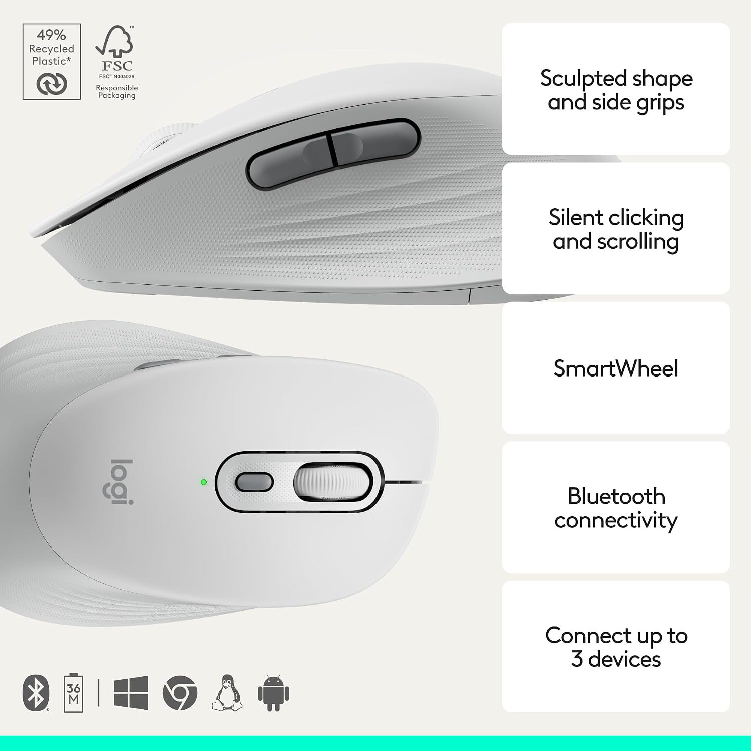 Logitech Signature Comfort M840 L Wireless Mouse, Bluetooth Mouse with Silent Clicks, SmartWheel, Customizable Buttons, Multi-Device Compatibility for Windows, MacOS, iPadOS - Off White