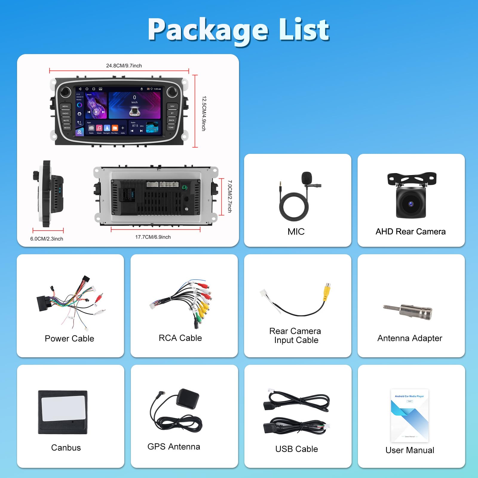 4GB+64GB Autoradio per Ford Focus II/S-MAX/MONDEO 9/GAL con Wireless Carplay, Audio Bluetooth Touchscreen da 7 Pollici con Navigazione GPS/Collegamento a Specchio/WIFI/EQ/RDS/HiFi + Telecamera
