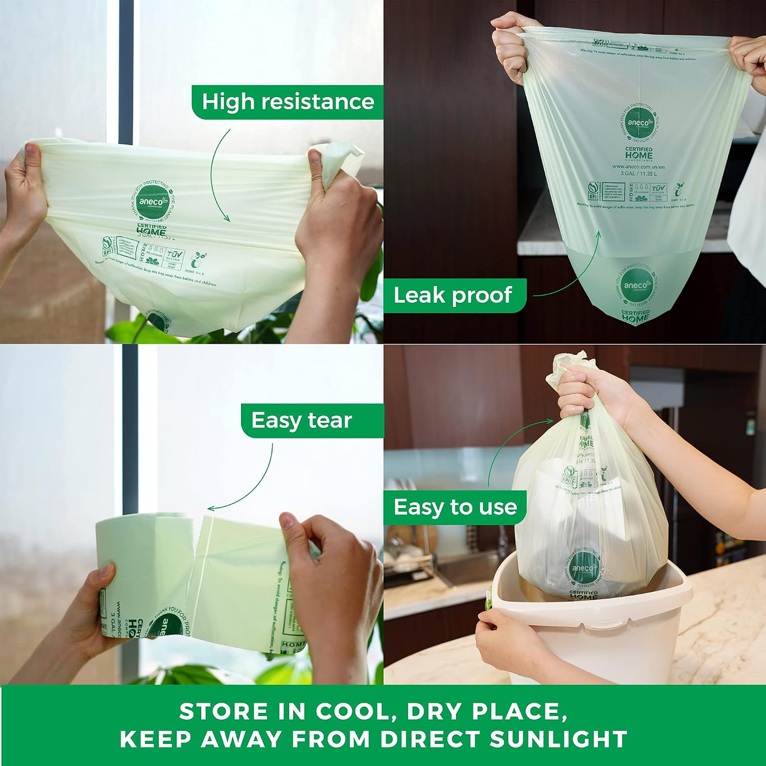 ANECO 100% Compostable Trash Bags 3 Gallon, 100 Count, Extra Thick Compost Bags for Countertop Bin, Small Compost Bag, Food Waste Bags with TUV OK Compost Home and BPI certified