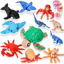 3D Printed 12 Pack Sea Animals with Flexible Joints, Party Favors Fidget Toys, Treasure Box Prizes for Kids Classroom, Articulated Animal Figurines, Desk Pets Birthday Gifts