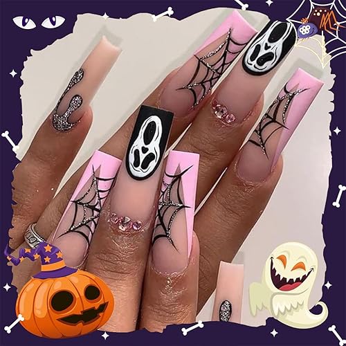 Uñas postizas a presión de Halloween, 24 unidades, uñas postizas largas con pegamento para mujeres, niñas, adolescentes con pegamento adhesivo y