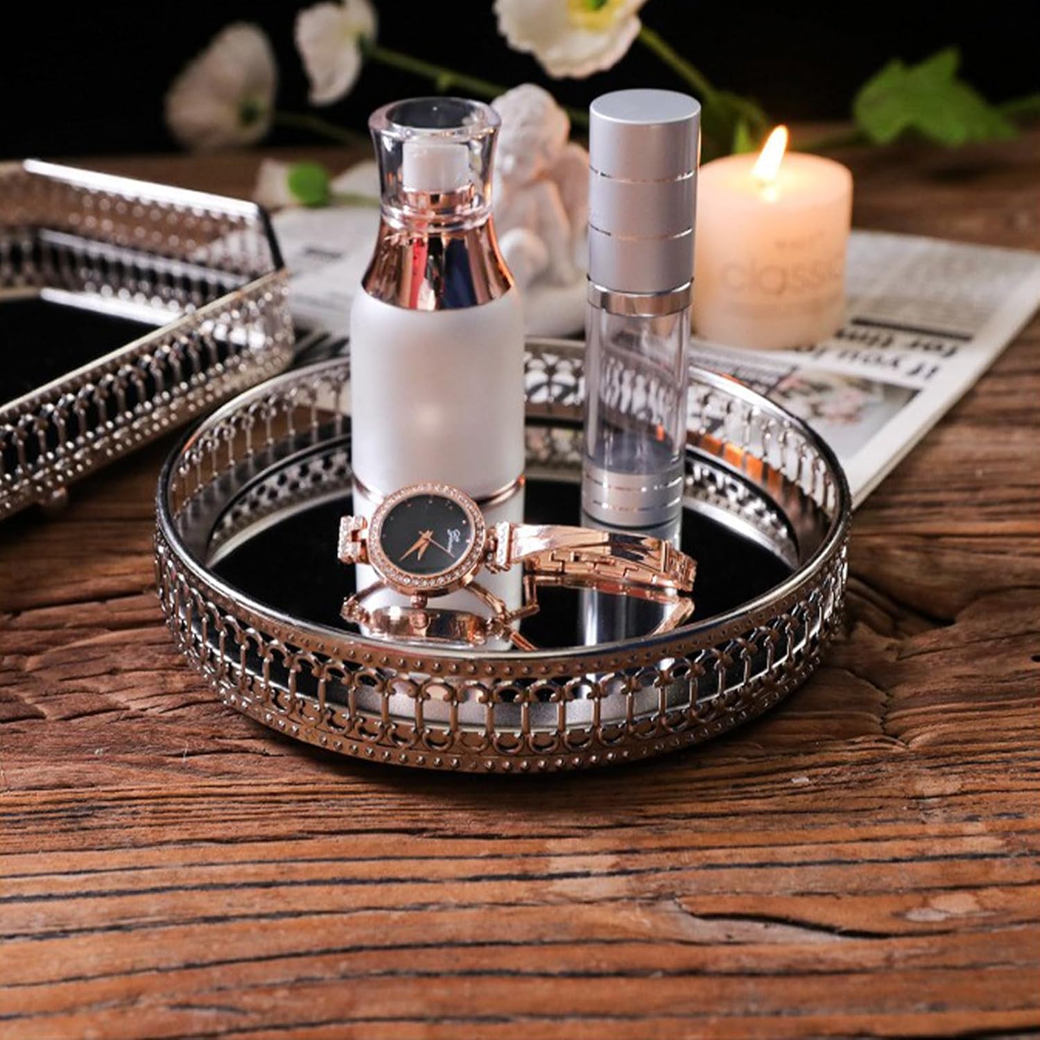 Vanity Jewelry Decor Mirror Tray Gold/Silver Perfume Tray Organizer Bathroom Glass Decorative Storage Tray for Cosmetic Jewelry Makeup Storage Tabletop(Silver Small Round)