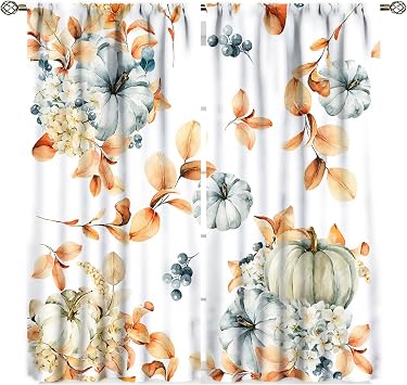 Autumn Pumpkins Curtain Fall Thanksgiving Floral Harvest Print Curtains Home Farmhouse Decor Rod Pocket Decor Drapes for Bedroom Living Room 42 in x 45 in