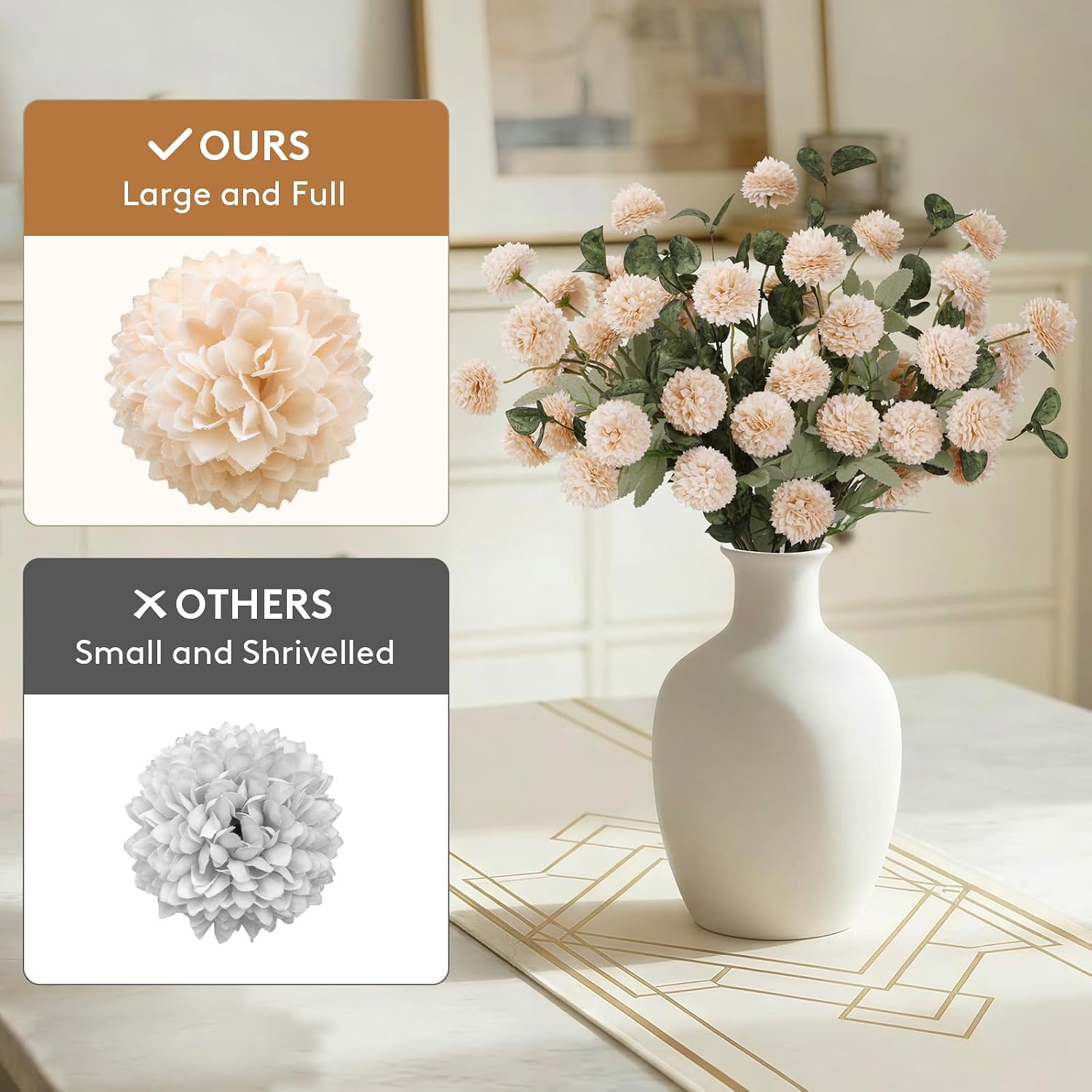 Lifewit Beige Artificial Flower for Vase, 10 Pcs Faux Silk Mums Ball with Long Stems and 2 Pcs Eucalyptus Stems for Home Decor, Fake Small Kiku for Floral Arrangement, Pom Pom for Centerpieces
