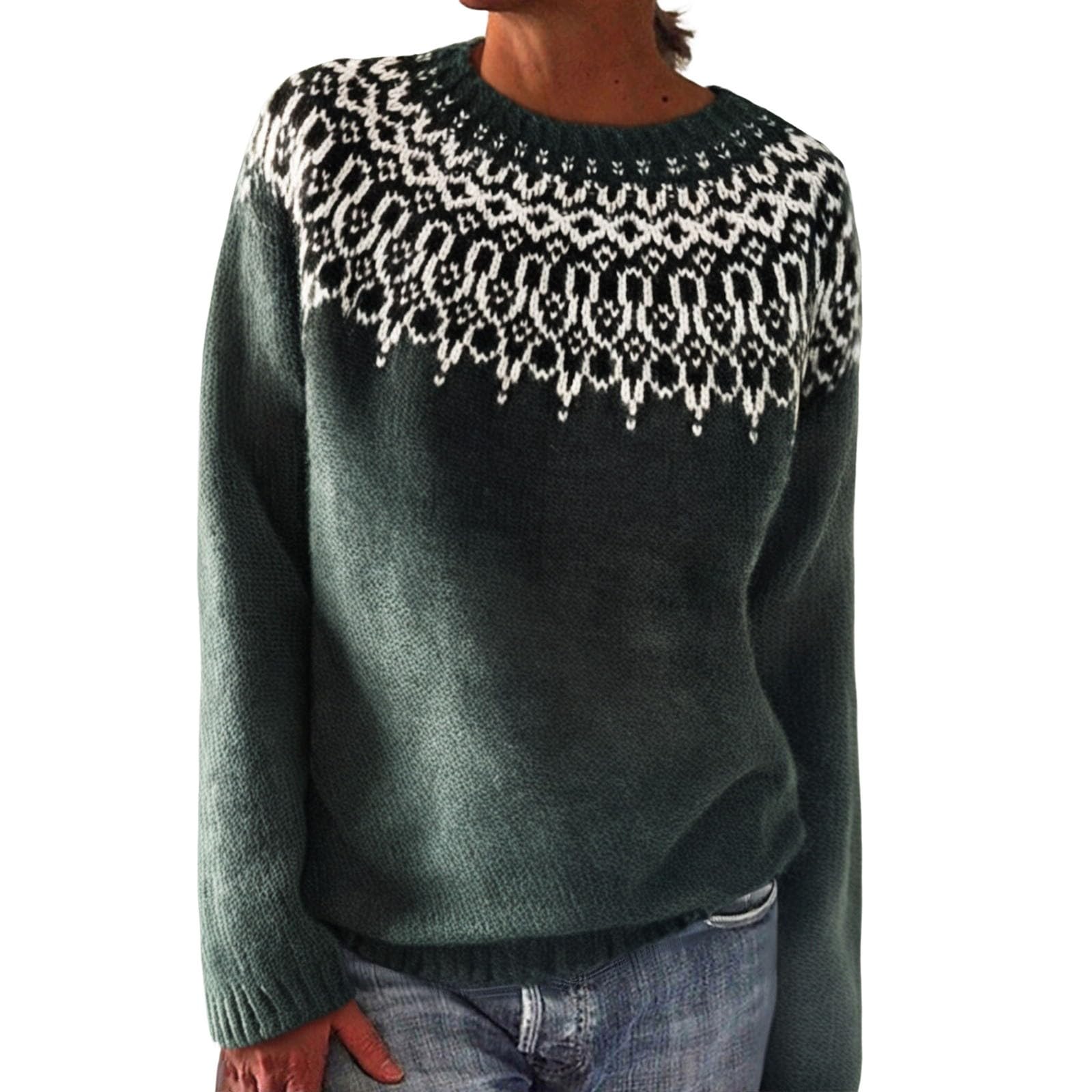 Fair Isle Sweater Women Fall Knitted Vintage Embroidered Sweaters Crewneck Stripes Long Sleeve Casual Boho Tops