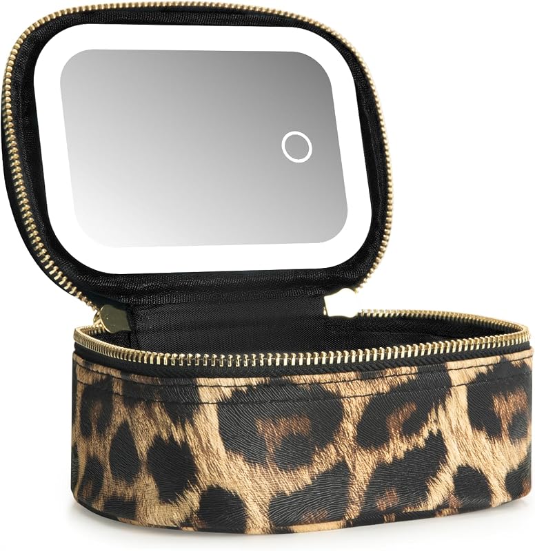 Maleta de maquiagem Mini Extrei Gent com espelho LED removível, 3 modos de luz e brilho ajustável, estampa Leopard Print