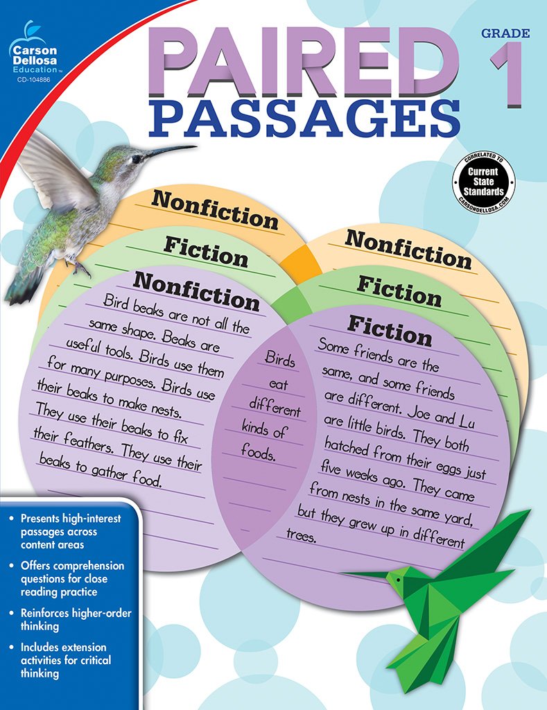 Carson Dellosa Paired Passages Reading Comprehension 1st Grade Workbook, Fiction, Nonfiction, and Critical Thinking Skills, Classroom or Homeschool Curriculum