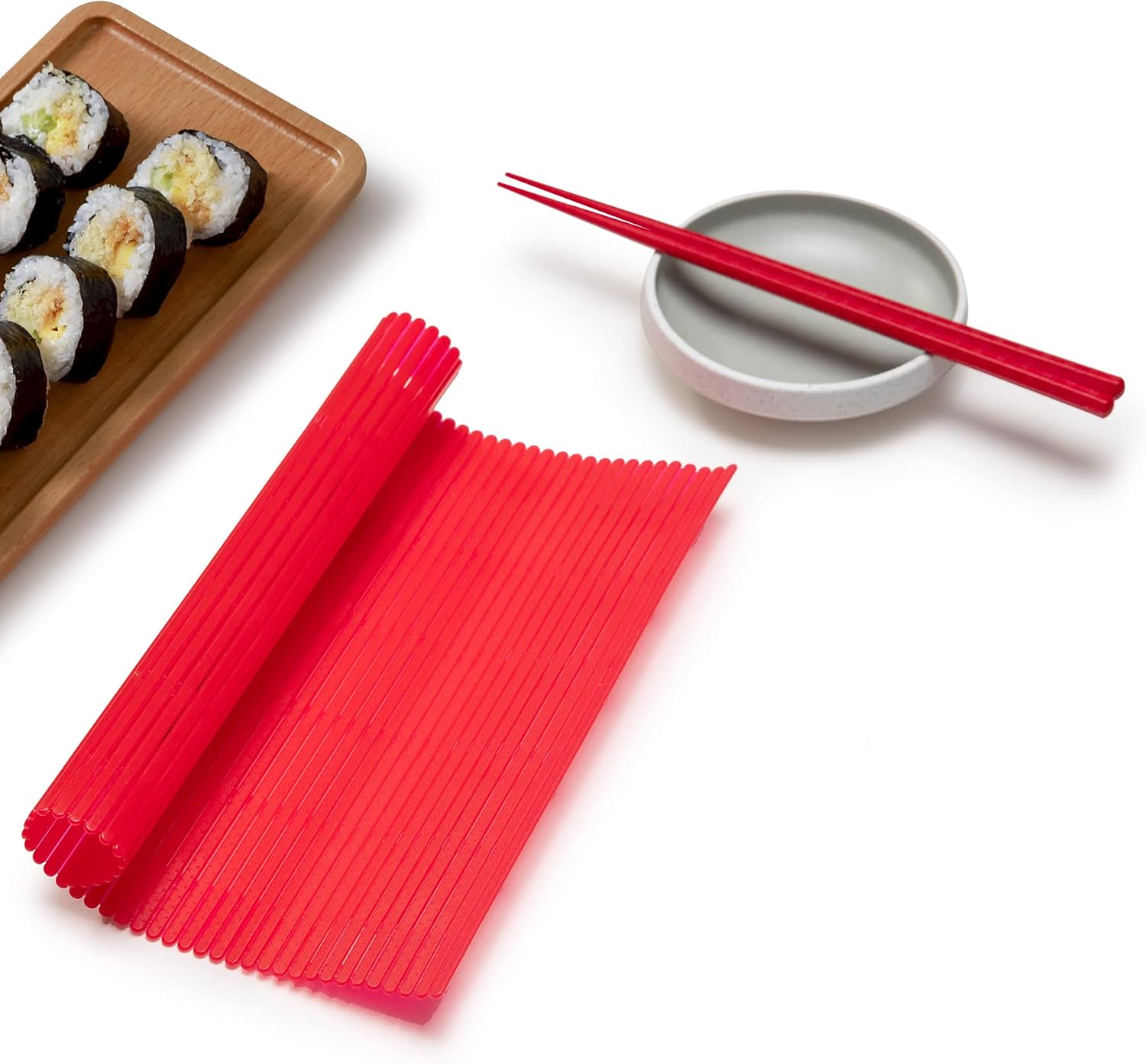 QFFQ Sushi Rolling Mat, Easy Clean Plastic Nonstick Sushi Making Kit with 1Pairs Chopsticks Kitchen Homemade DIY Sushi Plate BPA Free Durable Red