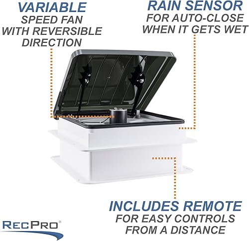 Miniatura 2 de RecPro Ventilador de ventilación de techo RV Vento Deluxe de 10 velocidades con sensor de lluvia  12 V  Control remoto  Anillo de adorno incluido
