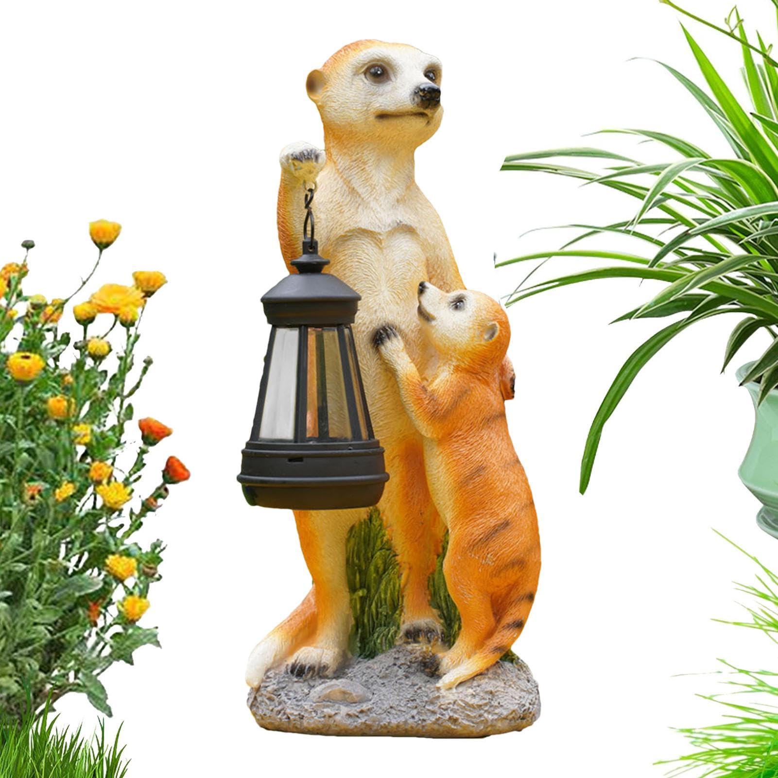 Figurka Surykatki Zwierzę Figurka Kolekcjonerska Dekoracja Ogrodowa | Rzeźba i Surykatek z Lampą Solarną Ozdoba Ogrodowa na Taras, Trawnik, Podwórko, Balkon, Ganek, Ścieżkę