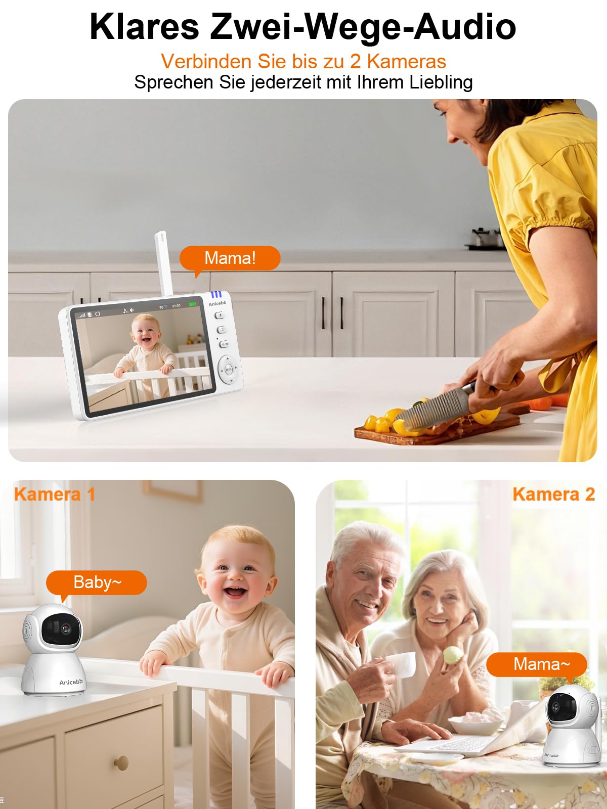 Babyphone Mit Kamera Ohne WLAN, 5 Zoll 720P HD Video Monitor, Zoom 2X/4X, Schwenk- und Neigefunktion, 100 Std. Akkulaufzeit im VOX-Modus, 300 m Reichweite, Nachtsicht, Temperatur- und Geräuschalarm