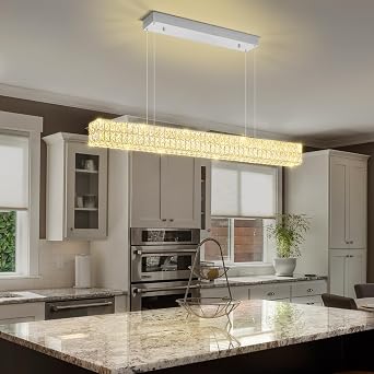 Dimmable Led Crystal Ring Chandelier for Dining Room, Modern Rectangle Crystal Pendant Lighting Kitchen Island,47.2in Linear Chandelier Hanging Light Over Table