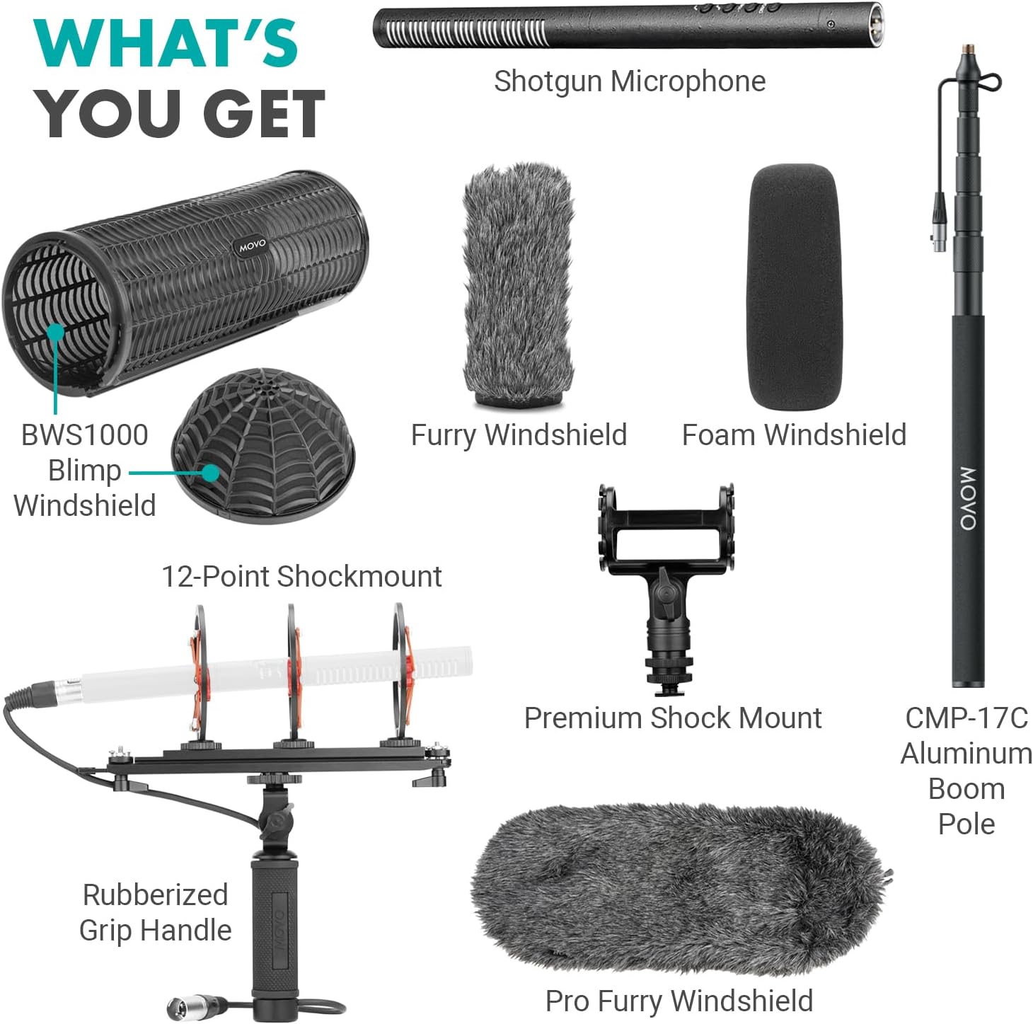 Movo Boom Mic Kit for Filmmaking – Supercardioid Shotgun Microphone, 9.8ft Boom Pole, Blimp Windscreen & Deadcat – Complete Location Sound Bundle