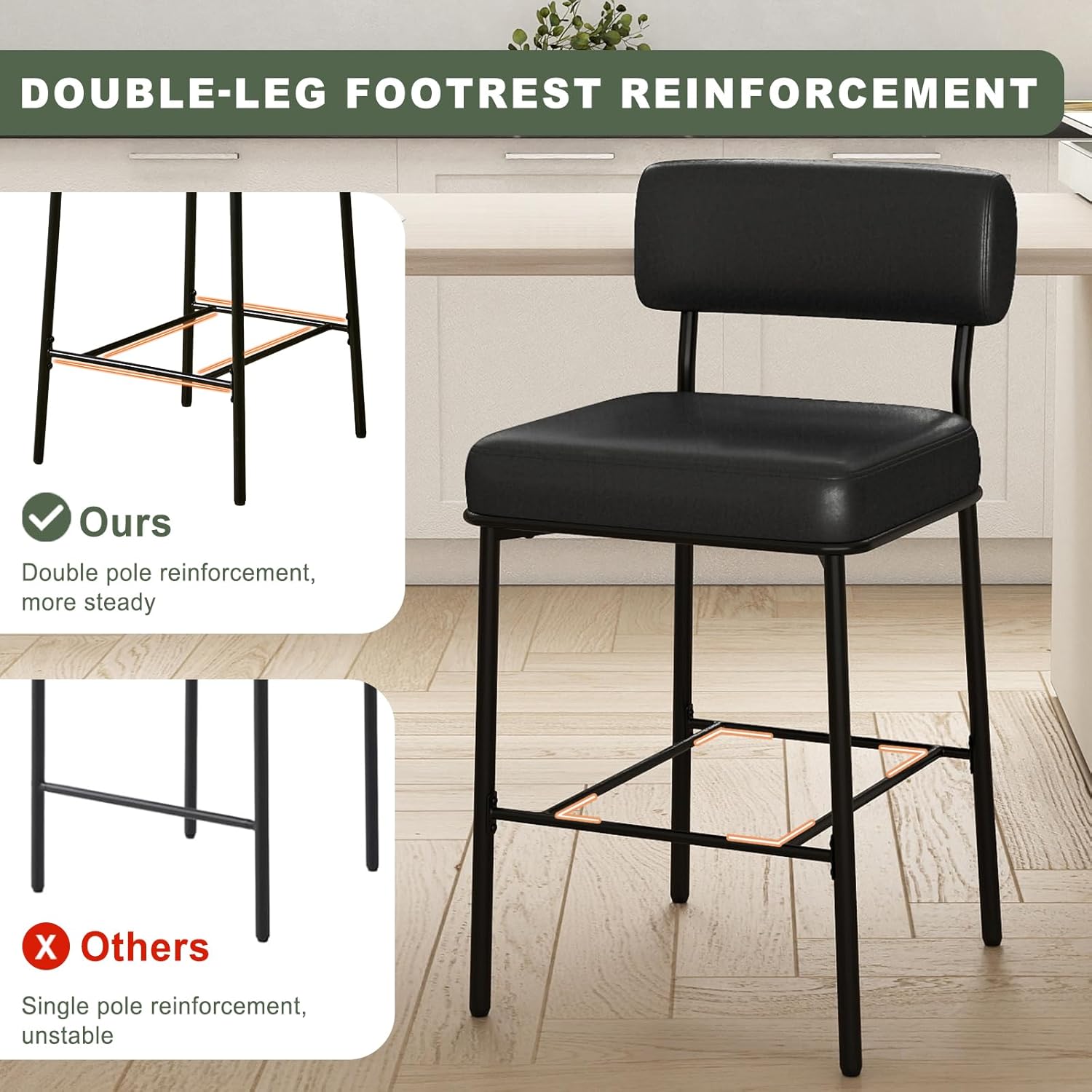 SAECKBERG 26" Counter Height Bar Stools Set of 3, Upholstered Barstools with Backs, Black Faux Leather, Metal Bar Height Chairs, Mid Century Modern Counter Stools for Kitchen Island