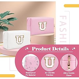 Personalized Initial A-Z Preppy Patch Makeup Bag,Small PU Chenille Letter Cosmetic Bag with Zipper for Teen Girls,Pink Cute Toiletry Organizer Bag,Monogram Makeup Case Gift for Women Girls,Letter U