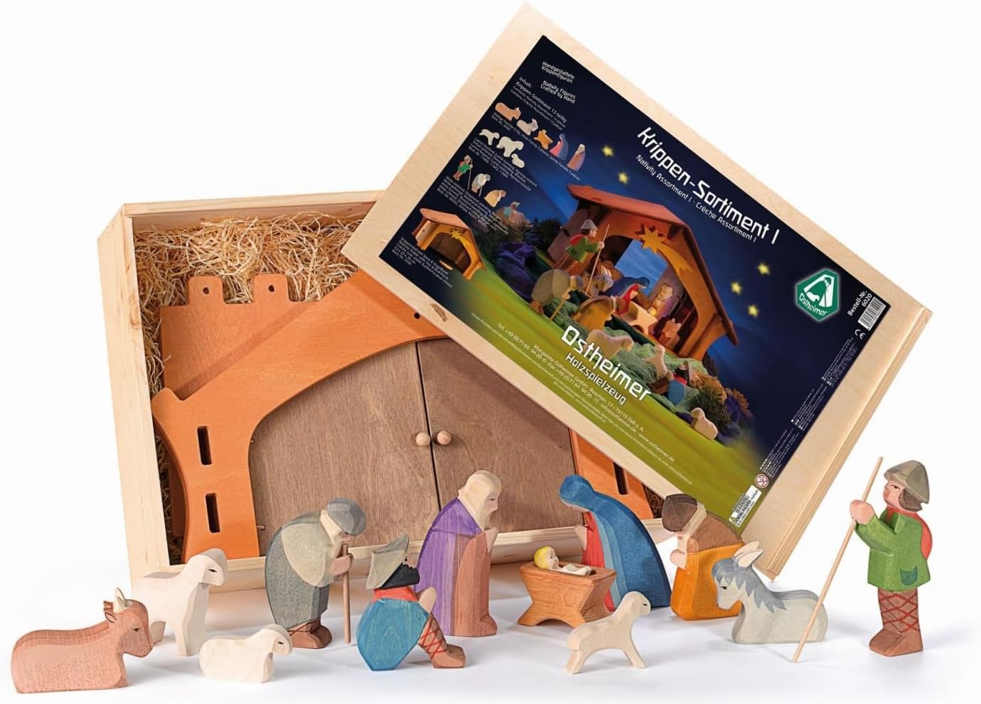 Ostheimer 13-Piece Nativity Scene Assortment with Stable, Animals, Shepherds and Wooden Box, Brown