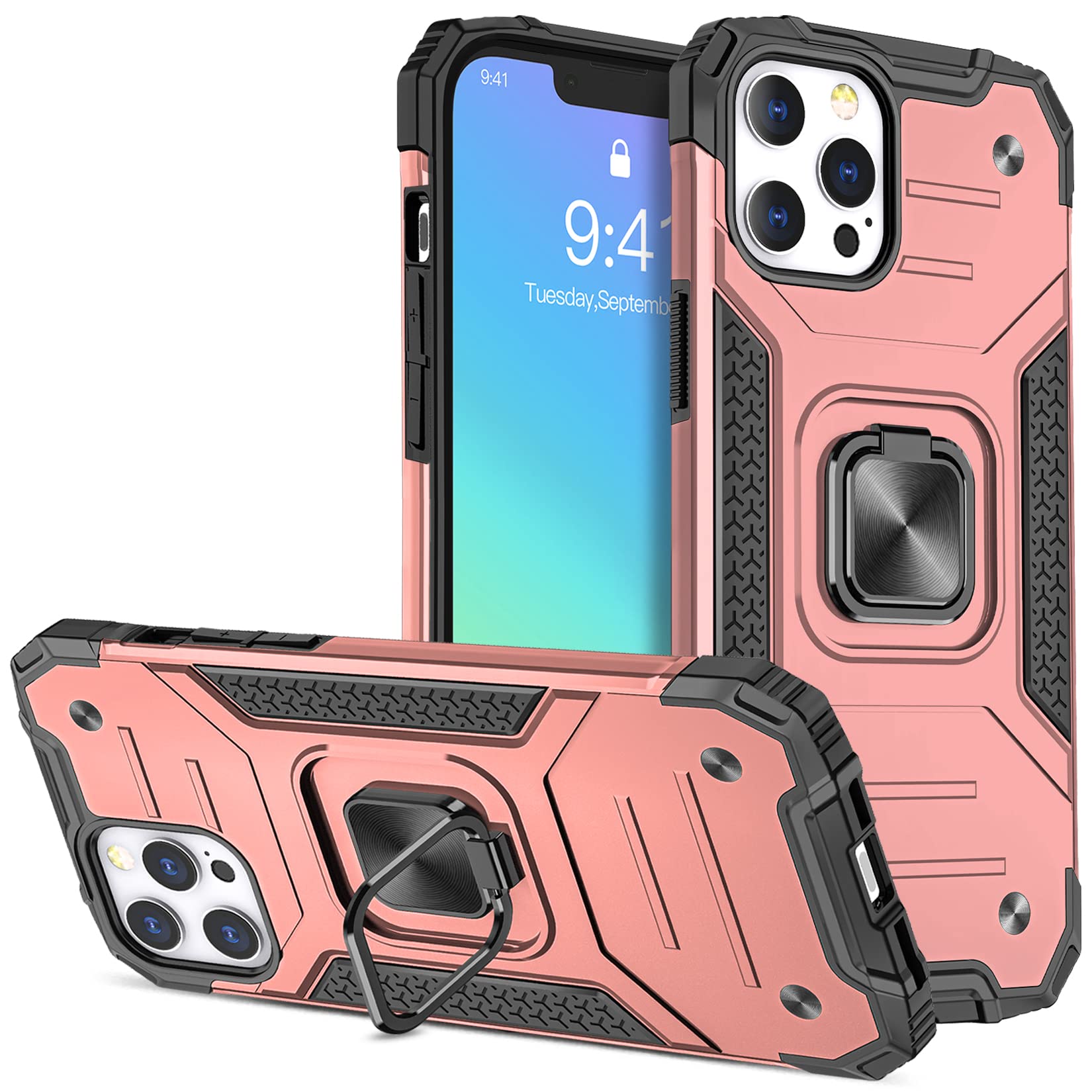 GREATRULYHeavy Duty Ring Kickstand Case for iPhone 13 Pro Max 6.7 Inch,Durable Drop Proof Dual Layer Protective Phone Cover,Soft TPU + Hard Shell + Ring Stand Fits Magnetic Car Mount,Rose Gold