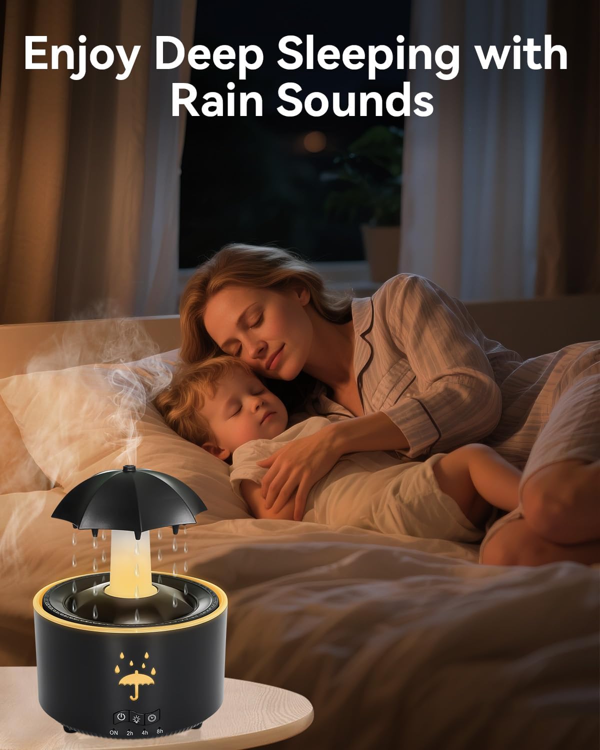 3-in-1 Rain Drop Humidifier & Essential Oil Diffuser with 360 Ratation Waterfall/Whisper Rain Sound/Cool Mist/ 7 Mood Lights, Umbrella Design Humidifiers for Bedroom Home Living Room (Black)