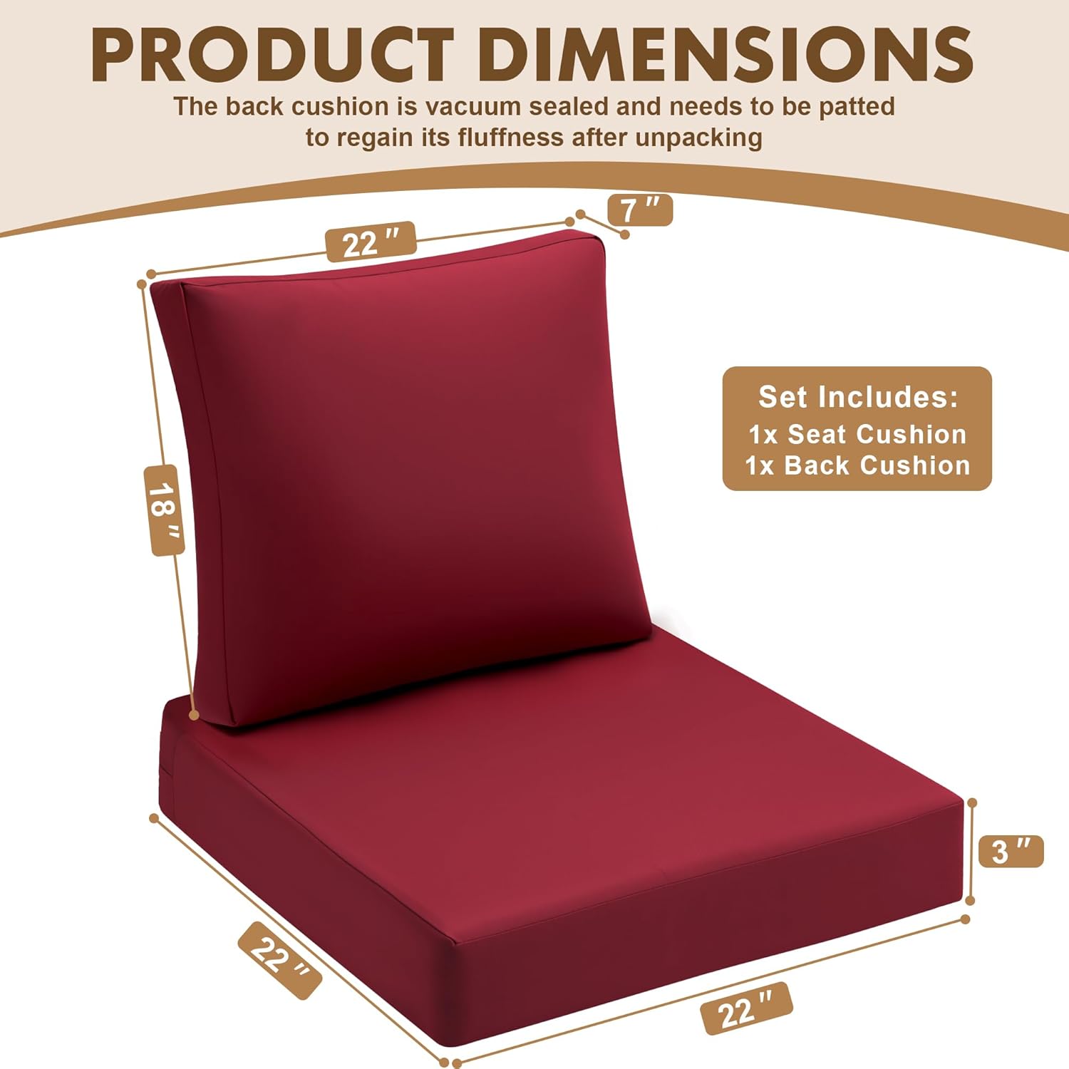 HERMOCE Deep Seat Cushion Set, Waterproof Patio Furniture Cushions, 22 x 22 Inch, Outdoor Couch Cushions with Back Cushion and Adjustable Straps for Chair Sofa Couch (1 Red, 22 × 22 Inch)