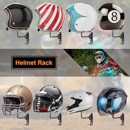Miniatura 4 de Paquete de 10 soportes para casco de motocicleta, rotación de 180°, soporte de montaje en pared con ganchos para bicicleta, motocicleta, gorra de