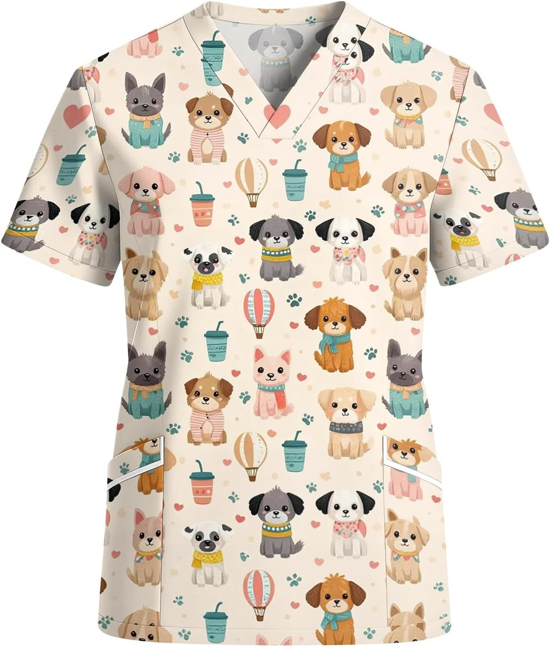 Women's Printed Scrub Tops Cute Animal Pattern V-Neck Short Sleeve Nurse Shirt with Pockets Stretch Nurse Scrubs