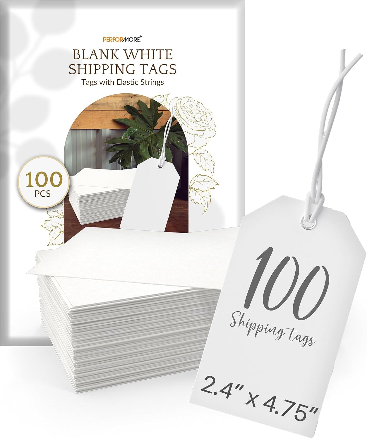 Performore 100-Pack Manila Shipping Tags with Elastic String, 4 3/4" x 2 3/8" – Blank Labeling Tags for Shipping, Gift Tags, Price Tags, Bag – Durable White Paper