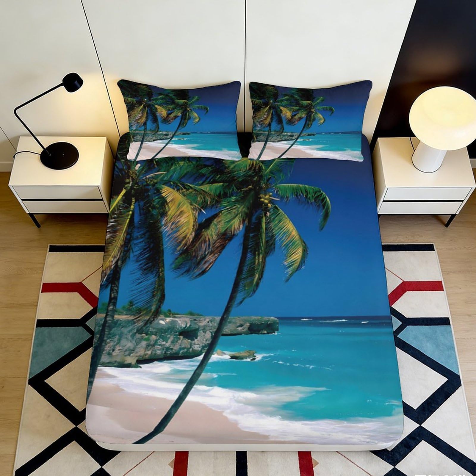 3D Printed Tropical Palm Beach Fitted Sheet Microfiber Soft Breathable Ocean Mattress Cover for Bedroom Guest Room Decor 90x200x25cm