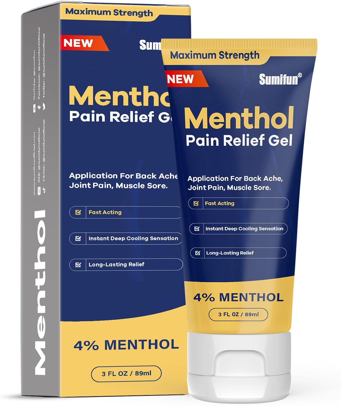 Sumifun 4% Menthol Pain Relief Gel for Back & Muscle | Cold/Hot Therapy & 8-Hour Lasting | Non-Greasy Formula, Travel-Size | Athletes/Seniors/Laborers