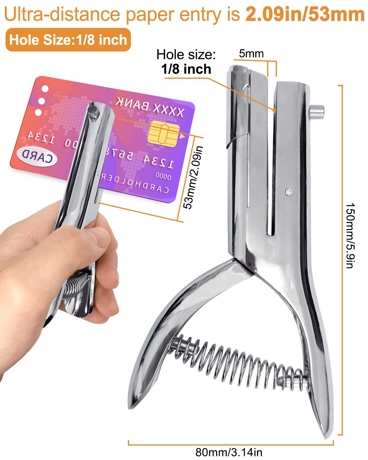 Hole Punch 1/8 Inch, Heavy Duty Single Hole Punch, Paper Card Portable Handheld Long Hole Puncher Single 2 Inch Reach Deep for PVC Paper ID Cards Plastic Cardboard (1/8"-3mm Hole)