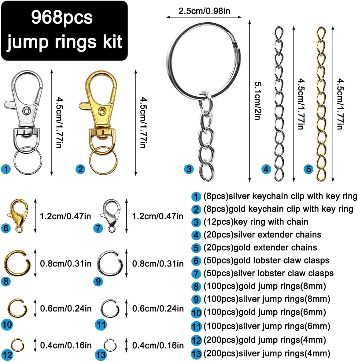 Keychain Making Kit, SENHAI 968pcs Keychain Clip with Key Chain Rings, Lobster Claw Clasps, Key Rings Chain Hook Jump Rings, Key Ring for Jewelry Making Supplies (Silver & Gold) image 2