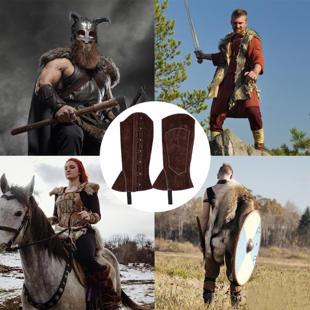 GORGECRAFT 2Pcs Renaissance Boots Covers Knight Pirate Leg Guards Medieval Shoe Cover Renaissance Imitation Leather Leg Wraps Footwear Accessories for Halloween Cosplay Viking Costume Coconut Brown