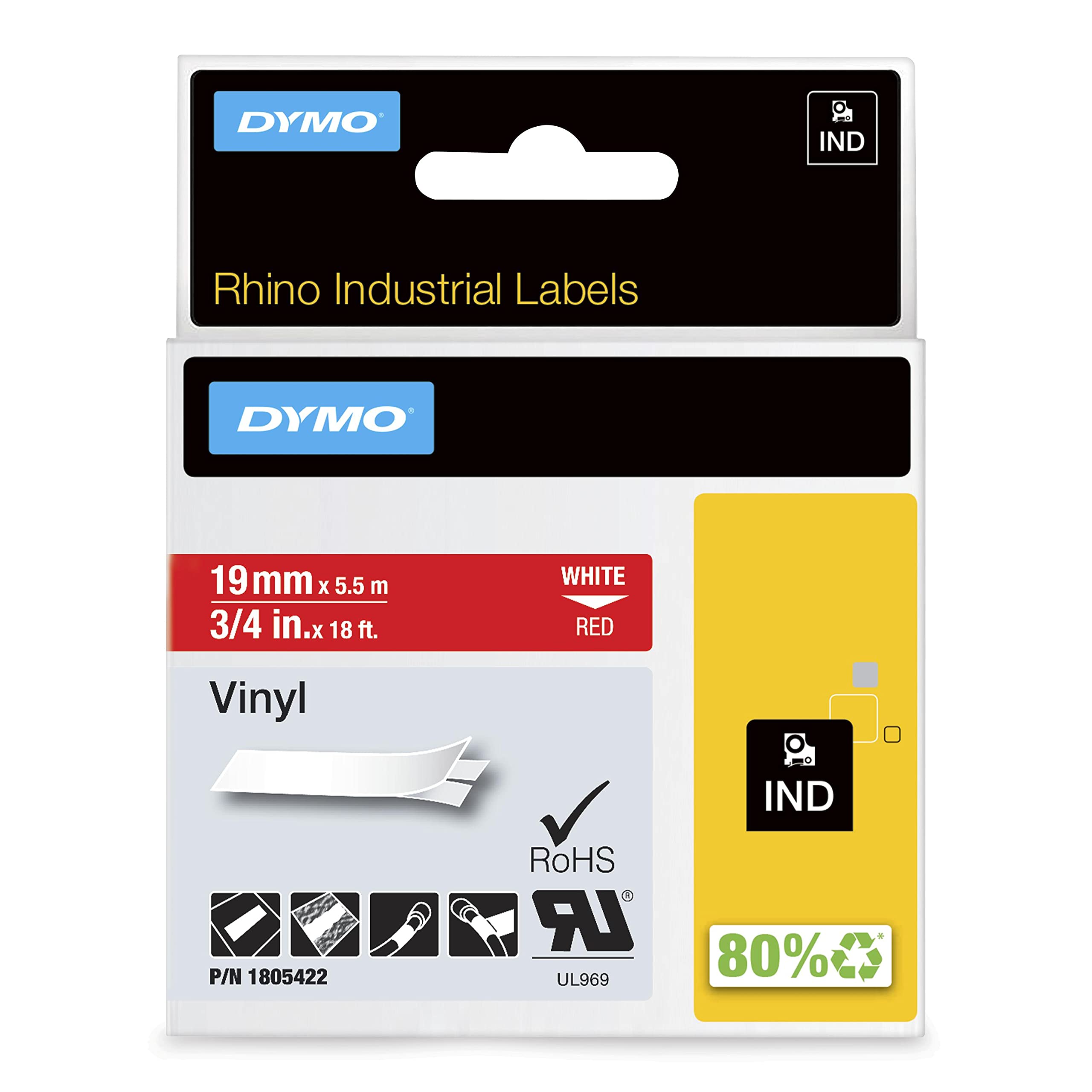 Étiquettes industrielles en vinyle Dymo Rhino, rouleau de 19 mm x 5,5 m, impression en BLANC sur fond ROUGE, autocollantes, 1805