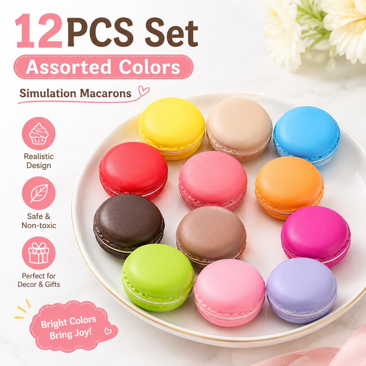 Lot de 12 petits macarons artificiels pour décoration de gâteaux, desserts, pâtisseries