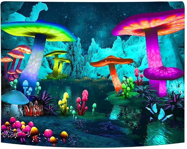 Jiamusi Astronaut and Mushroom Forest Planet Blacklight Tapestry UV Reactive Tapestry for Bedroom Trippy Tapestry black light Tapestry aesthetic Wall Hanging for Room Home Decor