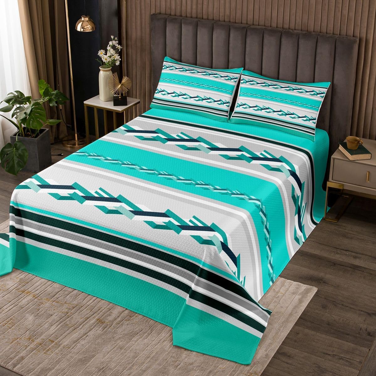Feelyou Green Coverlet Set Twin Size, Teal Geometric Bedspread for Kids Toddler Gray Striped Patchwork Quilted Coverlet Boho Quilted 2Pcs